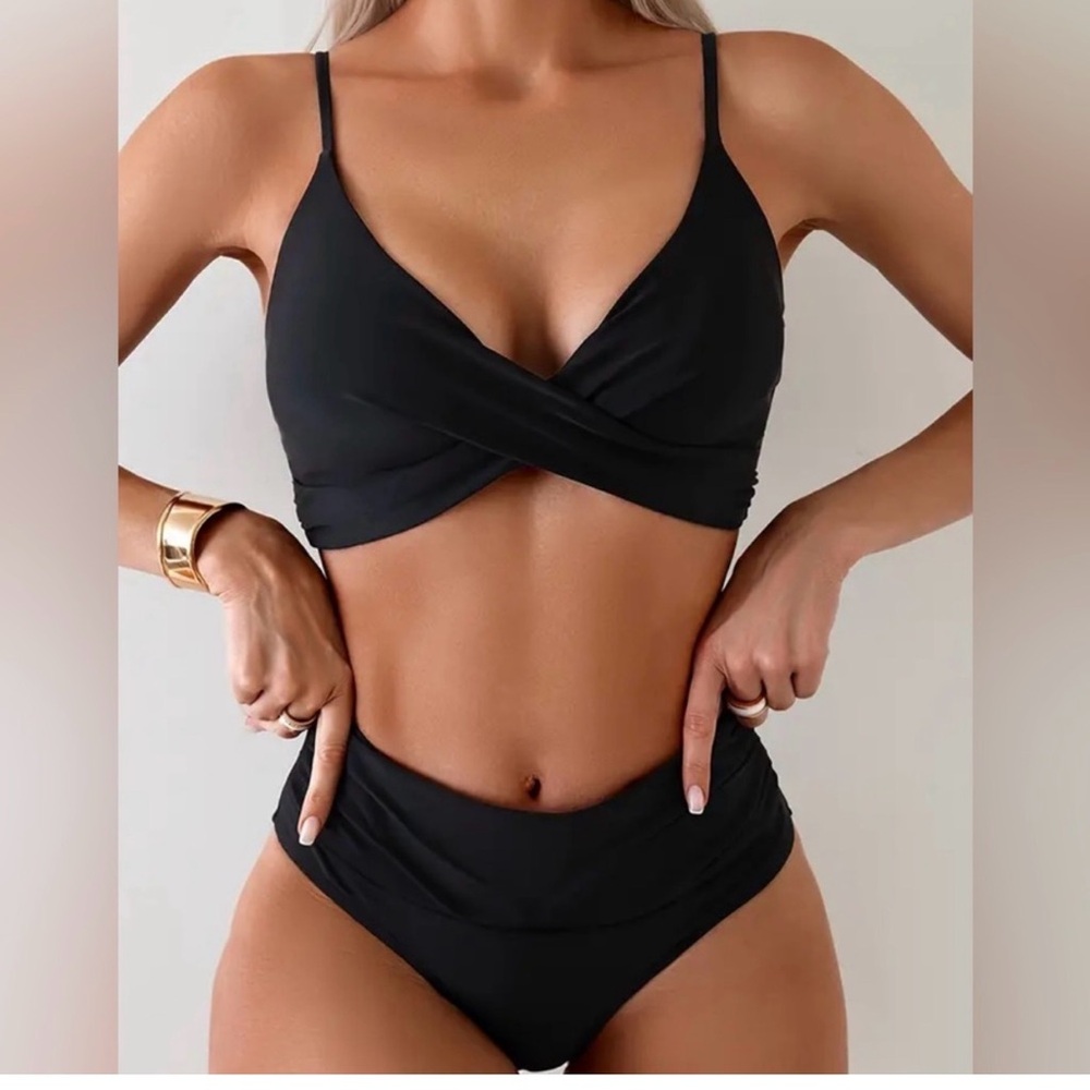 Black Twist Front High Waisted Bikini Set